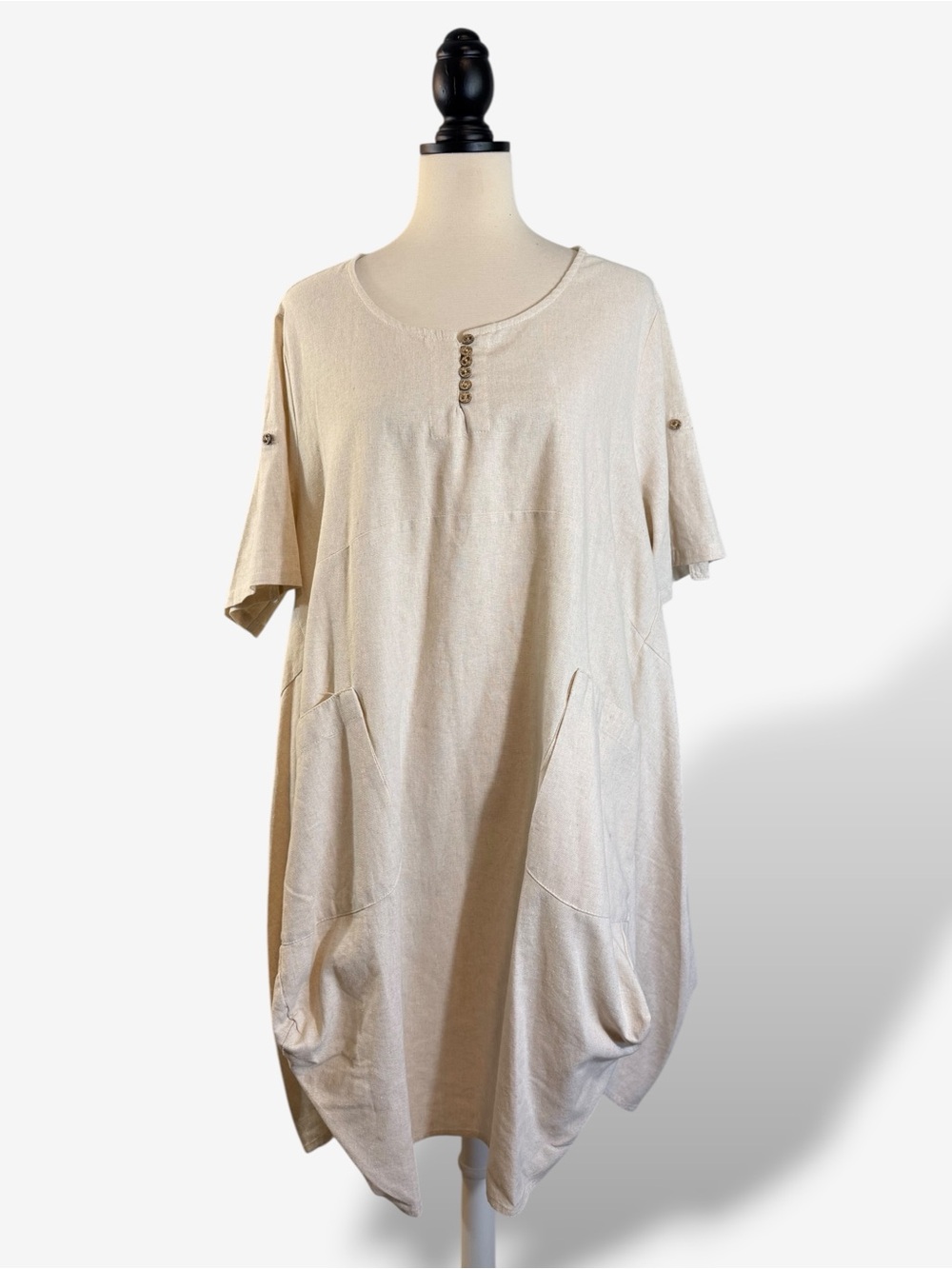 Linen Lagenlook Tunic Dress Size L Stone Beige Drapey Granola Minimalist Casual